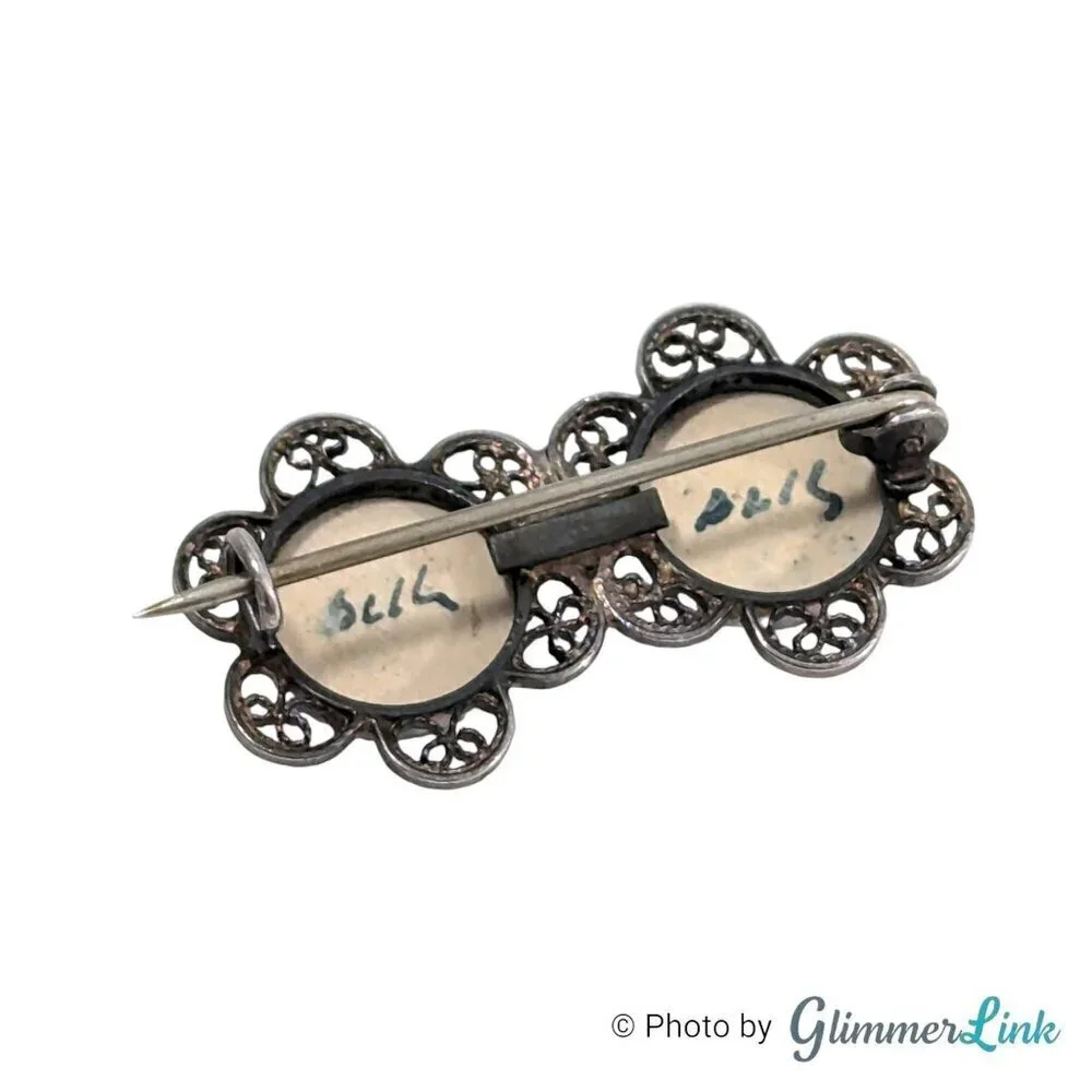 VTG Double Blue Windmill Delft Porcelain Filigree Flower Sterling Silver Brooch